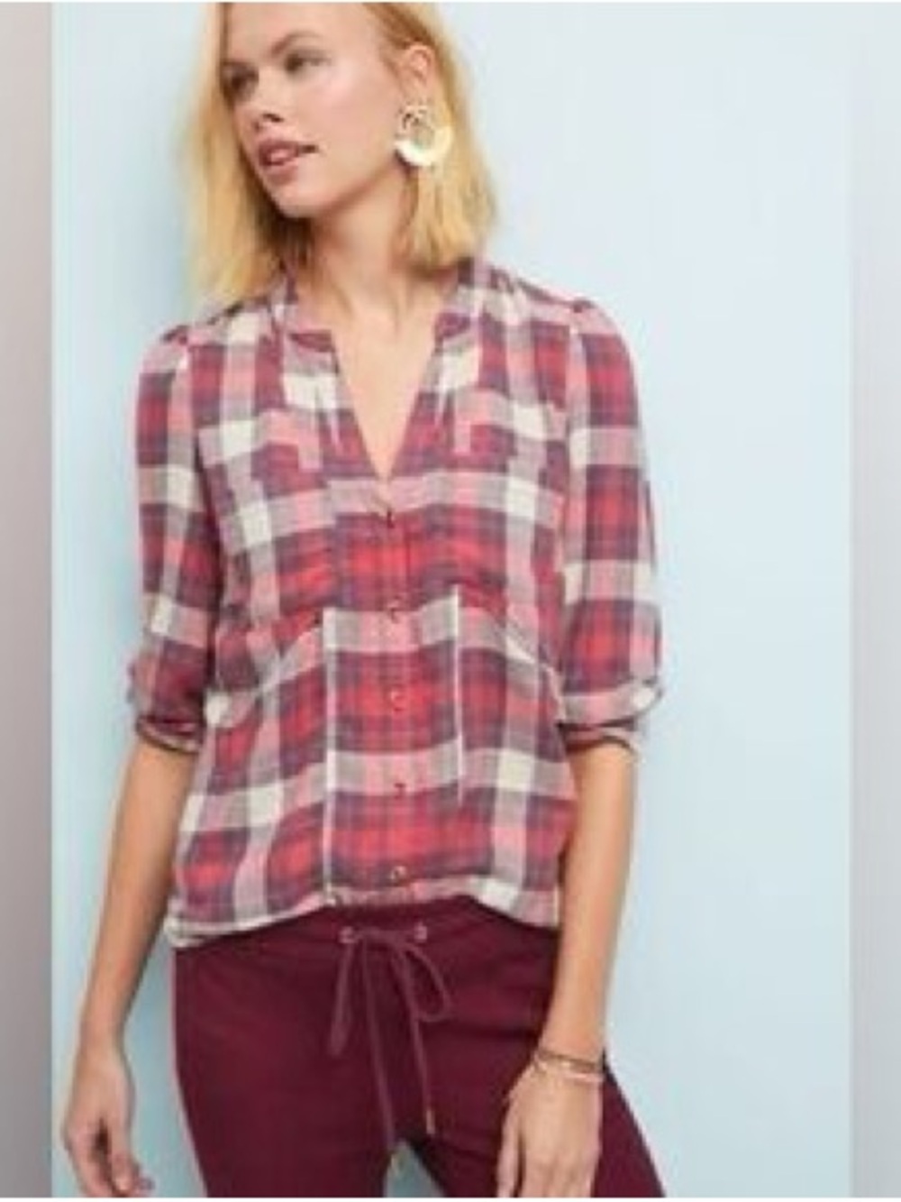 Anthropologie Red, Blue & Cream Plaid Button-Down Shirt